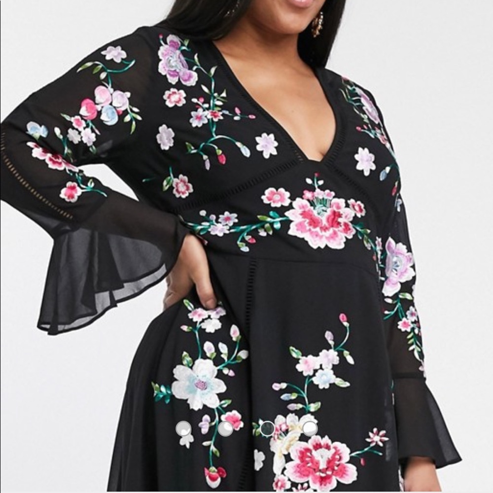 ASOS Curve Black Midi Dress with Pink & White Floral Embroidery - Picture 3 of 6